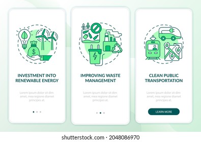 Evitar el cambio climático a bordo de la pantalla de la aplicación móvil. Recorrido de energía alternativa 3 pasos instrucciones gráficas con conceptos. UI, UX, plantilla de vector GUI con ilustraciones de color lineales