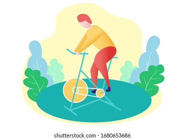 prevent contracting the covid-19 corona virus, keep exercising at home on a static bicycle. vector illustration