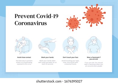 Prevent Coronavirus (Covid-19 or 2019-ncov). Virus protection tips. Set of isolated vector illustration. Staying at home. Washing hands. Avoid touching your face. Person wearing a facemask.