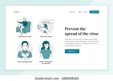 Prevent Coronavirus (Covid-19 or 2019-ncov). Virus protection tips. Set of isolated vector illustration. Staying at home. Washing hands. Avoid touching your face. Person wearing a facemask.