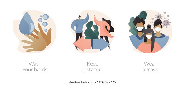 Prevent coronavirus spread abstract concept vector illustration set. Wash your hands, keep distance, wear a mask, virus exposure risk, social distancing, personal protection abstract metaphor.