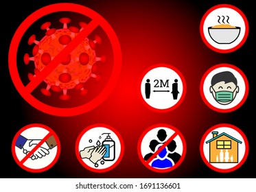 Prevent covid-19 corona virus by changing behavior by eating hot, social distancing, use face mask, quarantine, stay home, work from home, don't go to crowd people, wash your hand, don't check hand. 
