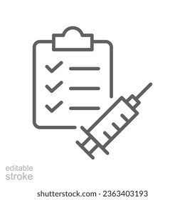 Prevent disease schedule vaccination clipboard checklist line icon. vaccine Medical syringe Vaccination against covid-19check mark Editable stroke vector illustration design on white background EPS 10