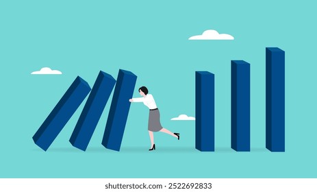 prevent economic recession, stop loss to avoid market crash or banking collapse, saving jobs or preventing economic collapse, businesswoman stop domino effect or financial chain reaction collapse