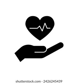 Icono de Prevenir ataque cardíaco. Estilo sólido simple. Cuidado cardiológico de la salud del corazón, prevención, mano con pulso del corazón, concepto de seguridad. Silueta negra, símbolo de glifo. Ilustración vectorial aislada.