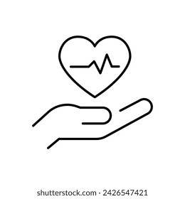 Symbol "Herzinfarkt verhindern". Einfacher Gliederungsstil. Herzgesundheit Kardiologie Versorgung, Prävention, Hand mit Herzpuls, Sicherheitskonzept. Symbol für dünne Linien. Vektorgrafik isoliert.