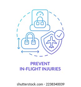 Prevent in-flight injuries blue gradient concept icon. Passenger safety tip abstract idea thin line illustration. Good maintenance. Carry-on bags. Isolated outline drawing. Myriad Pro-Bold font used