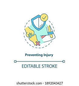 Prevent injury concept icon. Health insurance. Body care. Physical treatment. Anatomical structure. Kinesiology idea thin line illustration. Vector isolated outline RGB color drawing. Editable stroke