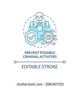 Evitar posibles actividades criminales icono de concepto azul. Seguridad en el cargo. Ilustración de línea delgada de idea abstracta por parte de los empleados. Dibujo de color de contorno aislado del vector. Trazo editable