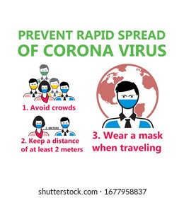 prevent rapid spread of the virus 1. avoid crowds 2 keep a distance of at least 2. meters 3. wear a mask when traveling