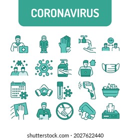 Prevent spread coronavirus color line icons set.