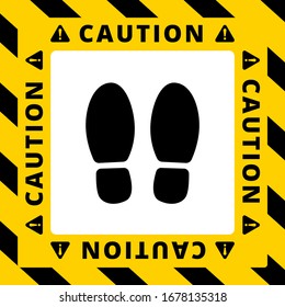 Prevent the spread of Covid-19 by dividing the standing position in the transport lift. Footprints Corona Virus in Wuhan and Concept of Icon of Stopping Corona Virus on lift. Social distancing