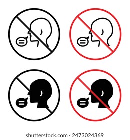 Prevent talking in restricted areas with this no talking sign, featuring a prohibition symbol, warning label, and vector icon for silence.