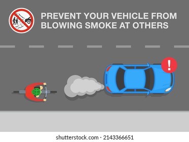 Prevent your vehicle from blowing smoke at others. "No exhaust gases" traffic sign. Top view of a cyclist and car with smoke from the exhaust on road. Flat vector illustration template.