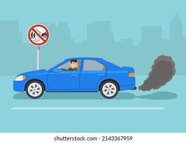 Prevent your vehicle from blowing smoke at others. "No idling, turn engine off" traffic sign. Isolated view of a car with black smoke from the exhaust on road. Flat vector illustration template. - Shutterstock ID 2143367959