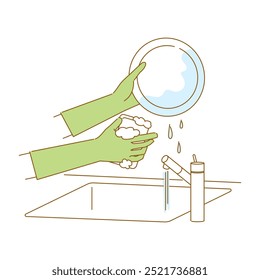 Preventing chilblains: Illustration of washing dishes while wearing rubber gloves