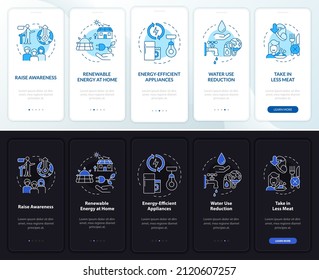 Preventing climate changes night, day mode onboarding mobile app screen. Walkthrough 5 steps graphic instructions pages with linear concepts. UI, UX, GUI template. Myriad Pro-Bold, Regular fonts used