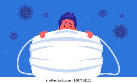 Preventing covid-19 using a medical face mask. Flat vector illustration of scared man standing behind medical mask to protect himself from coronavirus and other flu during quarantine time