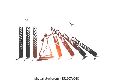 Preventing destruction and chaos, maintaining stability concept sketch. Hand drawn isolated vector