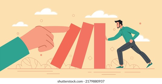 Preventing financial Failure. Businessman trying to stop falling domino effect. Career growth, motivation and efficiency. Entrepreneur fights economic crisis. Cartoon flat vector illustration