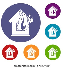 Preventing fire icons set in flat circle reb, blue and green color for web