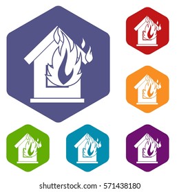 Preventing fire icons set rhombus in different colors isolated on white background