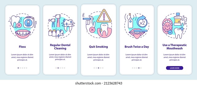 Preventing gum disease onboarding mobile app screen. Quit smoking walkthrough 5 steps graphic instructions pages with linear concepts. UI, UX, GUI template. Myriad Pro-Bold, Regular fonts used