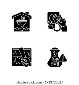 Preventing house hazards black glyph icons set on white space. Water damage. Electric shock. Vandalism. Chemical poisoning. Flooding and water leak. Silhouette symbols. Vector isolated illustration
