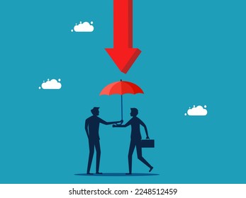 Preventing risks and crises. Businessman holding an umbrella to falling arrows