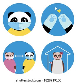 Preventing spread of Coronavirus - safety tips illustrated by cute cartoon panda bear. Flat vector icons set - wear a mask, use gloves, keep distance, stay home. Funny stickers, instruction for kids