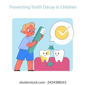 Prevención de la caries dental en niños. Un niño valiente combate las caries con un cepillo de dientes gigante, que simboliza el cuidado dental temprano y la educación en higiene bucal.