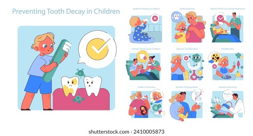 Preventing Tooth Decay in Children set. Educative illustrations depict healthy oral habits and dentist visits for kids' dental care. Emphasizing nutrition and check-ups.