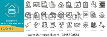 Preventing Workplace Accidents icon set. Secure Area, Safety Training Module, Risk Assessment Form, Emergency Exit Plan, Slip Hazard Alert, Workplace Safety Rules and Fire Drill Schedule
