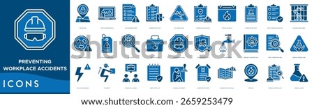 Preventing Workplace Accidents icon set. Secure Area, Safety Training Module, Risk Assessment Form, Emergency Exit Plan, Slip Hazard Alert, Workplace Safety Rules and Fire Drill Schedule