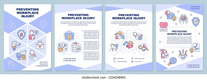 Plantilla del folleto sobre prevención de lesiones en el lugar de trabajo. Seguridad laboral. Diseño del prospecto con iconos lineales. Editable 4 diseños vectoriales para presentación, informes anuales. Arial-Black, Myriad Pro-Regular fuentes utilizadas