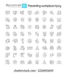 Prevención de lesiones en el lugar de trabajo juego de grandes iconos lineales. Salud y seguridad de los empleados. Símbolos de línea delgada personalizables. Ilustraciones aisladas del contorno vectorial. Trazo editable. Montserrat Negrita, fuentes ligeras usadas