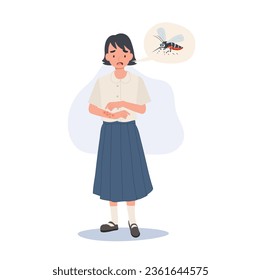 Evitar el concepto de propagación del virus Zika. Estudiante tailandesa con picaduras de mosquito que crían piel picante en verano. 