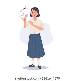 Preventing Zika Virus Spread concept. Thai student girl with Mosquito Bites Scratching Itchy Skin in Summertime. 