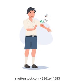 Evitar el concepto de propagación del virus Zika. Estudiante tailandés con picaduras de mosquito que crían piel picante en verano. 
