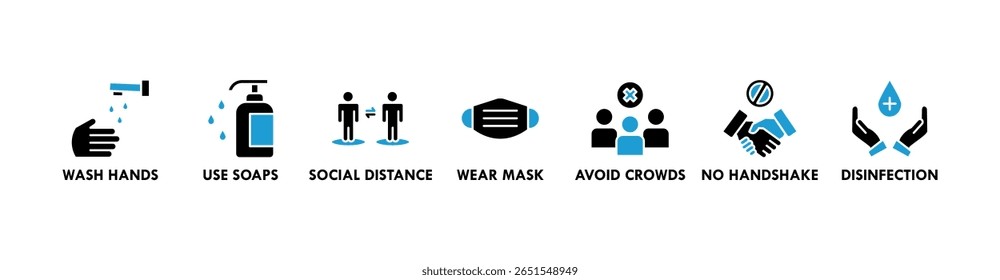 Banner de prevenção ícone da Web conceito de ilustração vetorial para prevenção de doenças virais devido à pandemia do coronavírus com um ícone de lavar as mãos, usar uma máscara, desinfetante de mãos, evitar multidão e aperto de mão