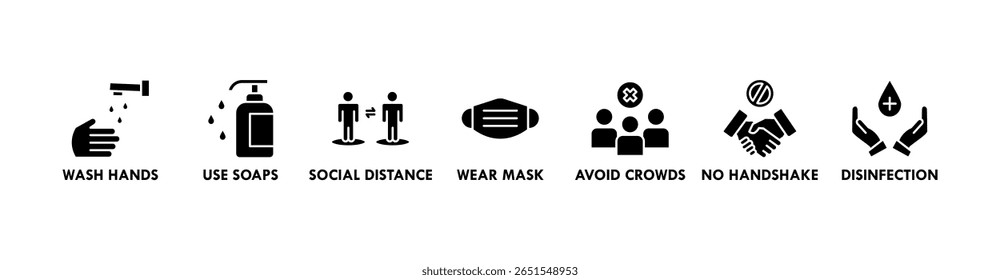 Banner de prevenção ícone da Web conceito de ilustração vetorial para prevenção de doenças virais devido à pandemia do coronavírus com um ícone de lavar as mãos, usar uma máscara, desinfetante de mãos, evitar multidão e aperto de mão