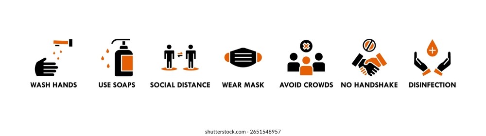 Banner de prevenção ícone da Web conceito de ilustração vetorial para prevenção de doenças virais devido à pandemia do coronavírus com um ícone de lavar as mãos, usar uma máscara, desinfetante de mãos, evitar multidão e aperto de mão