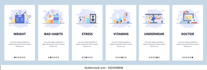 Prevention of breast cancer. Control weight, limit alcohol, do not smoke, visit doctor. Mobile app screens. Vector banner template for website and mobile development. Web site design illustration.