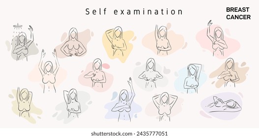 Prevention of breast cancer. Self-examination set. Healthcare template. Breast cancer, medical infographic. Prevention of breast cancer. Self-examination. Vector healthcare poster or banner template.