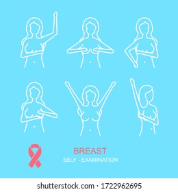 Prevention Of Breast Cancer Thin Line Concept Card Poster Ad Self Examination Diagnostic Female Health Care On A Blue. Vector Illustration