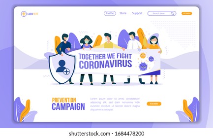 Prevention campaign, Together to fight Coronavirus on landing page template