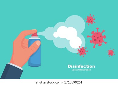 Prevention concept. Disinfection and cleaning. Man holds a disinfectant bottle in hand. Methods of controlling epidemic of coronavirus. Vector illustration flat design. Cleaner in the hand. Covid-19