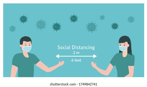 Prevention concept. Man and woman character wear surgical or medical face mask maintain social distancing to prevent from virus spreading. Coronavirus, flu prevention. Flat vector illustration.