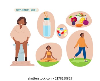 Prevention of constipation. Good habits. Healthy nutrition Rules, active lifestyle. Vector illustration isolated on white background for educational use. Natural Foods, water To Relieve Constipation