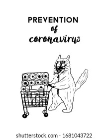 Prevention of corona virus poster. Funny cat vector illustration